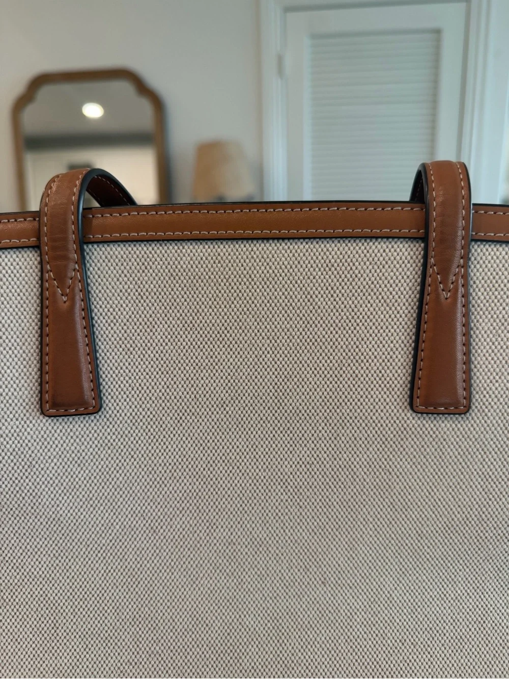 Tory Burch Neutral Canvas Tote with Tan Leather Trim and Striped Strap